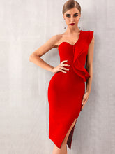 Load image into Gallery viewer, Adyce One Shoulder Exaggerated Ruffle Trim Split Hem Dress