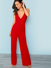 Load image into Gallery viewer, Tie Waist Crisscross Back Surplice Wrap Cami Jumpsuit