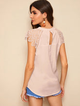 Load image into Gallery viewer, Contrast Lace Cuff Keyhole Back Blouse