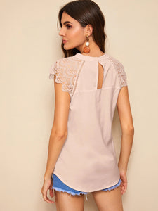 Contrast Lace Cuff Keyhole Back Blouse