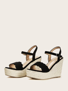 Scalloped Trim Buckle Strap Espadrille Wedges