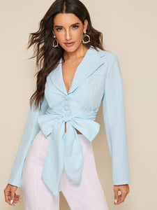 Solid Notched Neck Tie Front Blazer