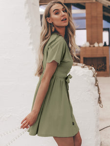 Simplee Button Front Tie Waist Tea Dress