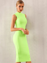 Load image into Gallery viewer, Adyce Neon Green Mock-neck Sleeveless Pencil Dress