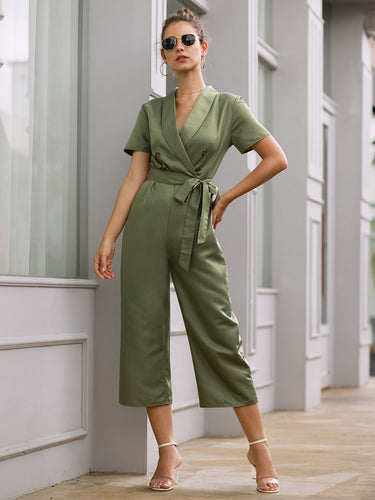 Solid Double-breasted Belted Jumpsuit