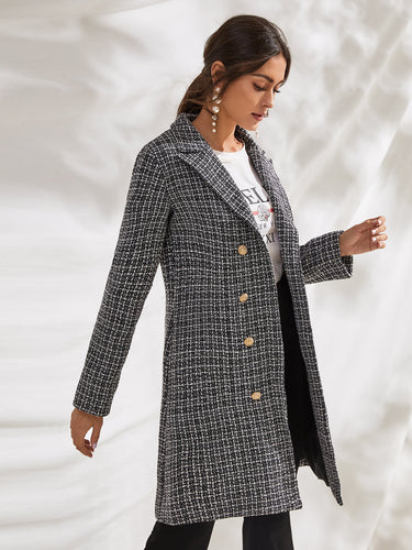 Lapel Neck Double Breasted Plaid Tweed Coat