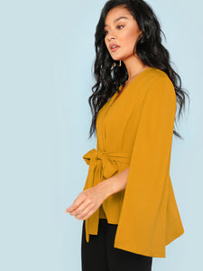 Surplice Neck Tie Waist Cape Coat