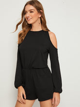 Load image into Gallery viewer, Keyhole Back Cold Shoulder Blouson Romper