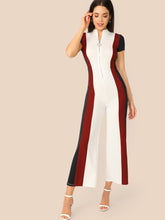 Load image into Gallery viewer, Mock Neck Zipper Fly Front Colorblock Wide Leg Jumpsuit