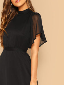 Mock-neck Knot Back Sheer Panel Dress