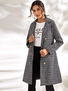 Lapel Neck Double Breasted Plaid Tweed Coat