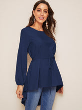 Load image into Gallery viewer, High Low Bishop Sleeve Drop Shoulder Belted Blouse