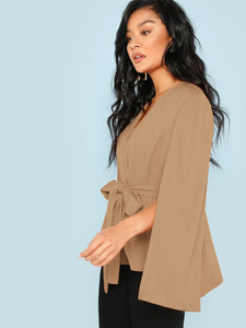 Surplice Neck Tie Waist Cape Coat