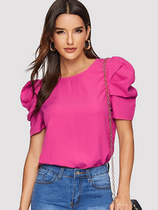 Button Keyhole Back Puff Sleeve Top