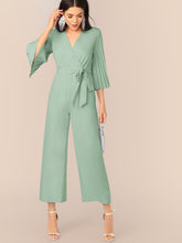 Load image into Gallery viewer, Pleated Sleeve Wrap Belted Wide Leg Jumpsuit