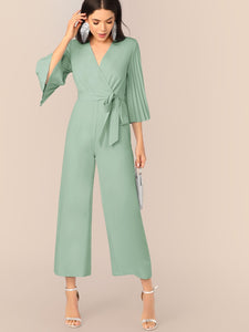 Pleated Sleeve Wrap Belted Wide Leg Jumpsuit