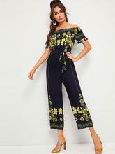 Load image into Gallery viewer, Floral Print Tassel Trim Belted Bardot Jumpsuit