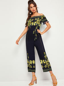 Floral Print Tassel Trim Belted Bardot Jumpsuit