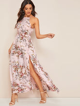 Load image into Gallery viewer, Botanical Print Tie Back High Split Halter Dress