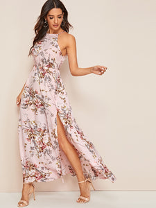 Botanical Print Tie Back High Split Halter Dress