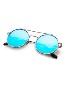 Blue Flat Lens Double Bridge Round Sunglasses