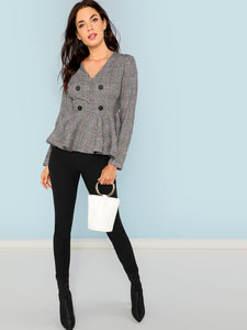 Double Button V-Neck Plaid Blazer