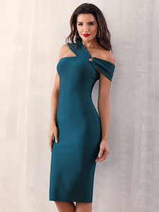 Adyce Asymmetrical Neck Midi Bandage Dress