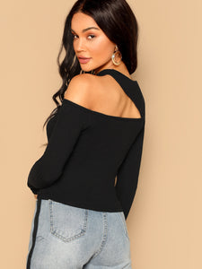 Asymmetric Cutout Neck Ribbed T-shirt