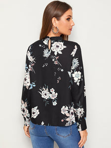 Mock-neck Floral Print Keyhole Back Blouse