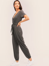 Load image into Gallery viewer, Surplice Neck Rolled Sleeve Belted Jumpsuit