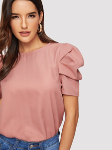 Button Keyhole Back Puff Sleeve Top