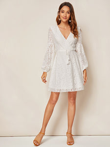 Self Tie Guipure Lace Surplice Dress