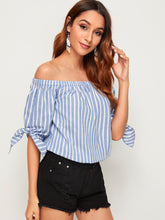 Load image into Gallery viewer, Striped Off Shoulder Knotted Sleeve Top