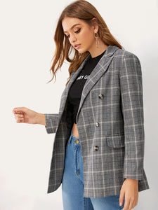 Notch Collar Double Breasted Plaid Blazer