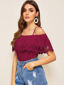 Cold Shoulder Guipure Lace Trim Top