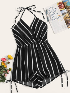 Surplice Striped Drawstring Side Halter Playsuit