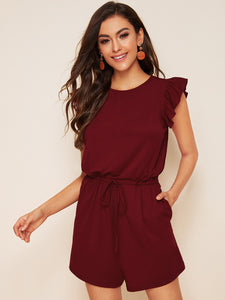 Drawstring Waist Split Back Ruffle Armhole Romper