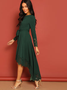 Laser Cut Scalloped Trim Belted Dress