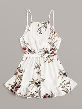 Load image into Gallery viewer, Floral Print Surplice Front Ruffle Hem Belted Cami Romper