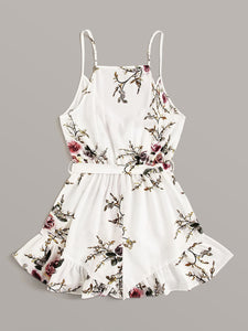 Floral Print Surplice Front Ruffle Hem Belted Cami Romper