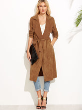 Load image into Gallery viewer, Brown Suede Self Tie Duster Coat