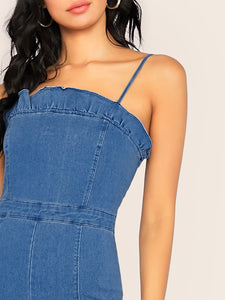 Ruffle Trim Sleeveless Wide Leg Denim Jumpsuit