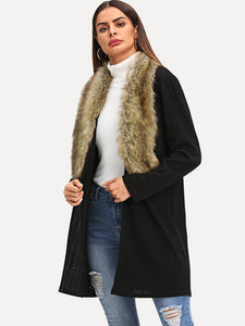 Open Front Faux Fur Neckline Coat