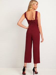 Solid Lace Insert Surplice Neck Zip Side Jumpsuit