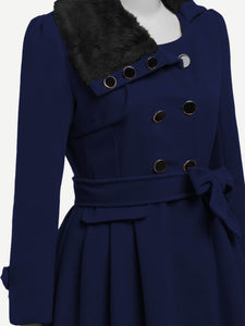 Contrast Faux Fur Collar Double Layered Hem Coat