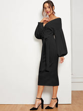 Load image into Gallery viewer, Blouson Sleeve Slit Hem Surplice Bardot Dress