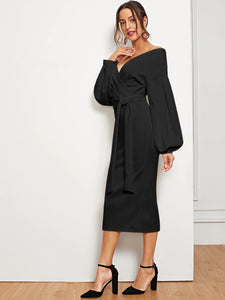 Blouson Sleeve Slit Hem Surplice Bardot Dress