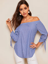 Load image into Gallery viewer, Off Shoulder Knotted Striped Top