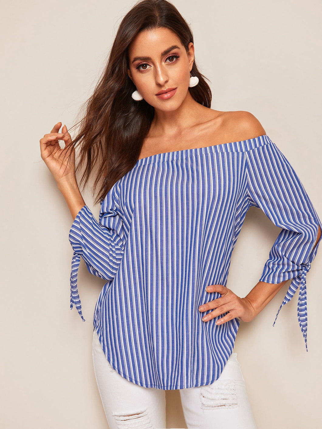 Off Shoulder Knotted Striped Top