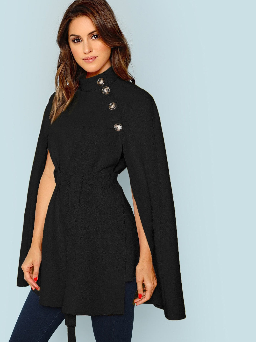 Button Front Self Belted Cape Coat